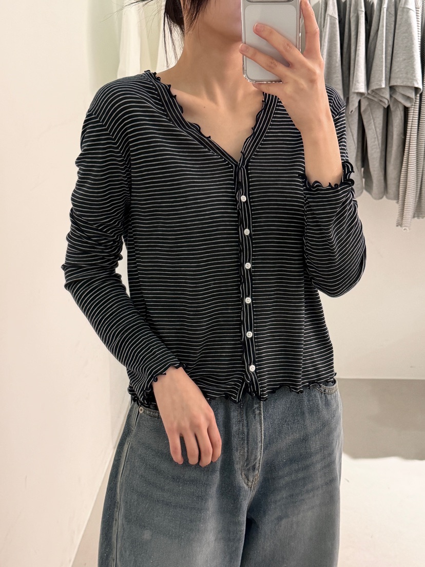 PEPPER-L韓國直郵女士新款休閑職業26春夏長袖T恤花朵條紋PEPPER長袖T恤