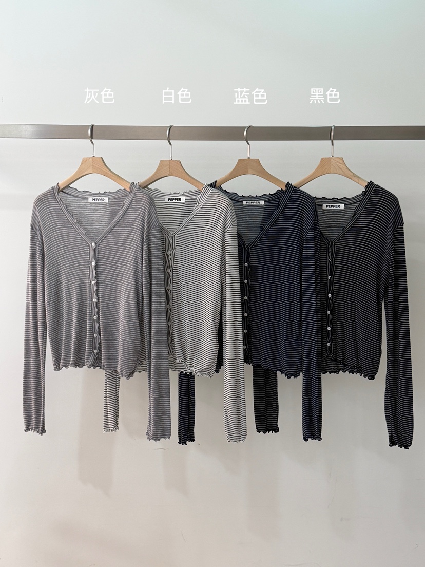 PEPPER-L韓國直郵女士新款休閑職業26春夏長袖T恤花朵條紋PEPPER長袖T恤