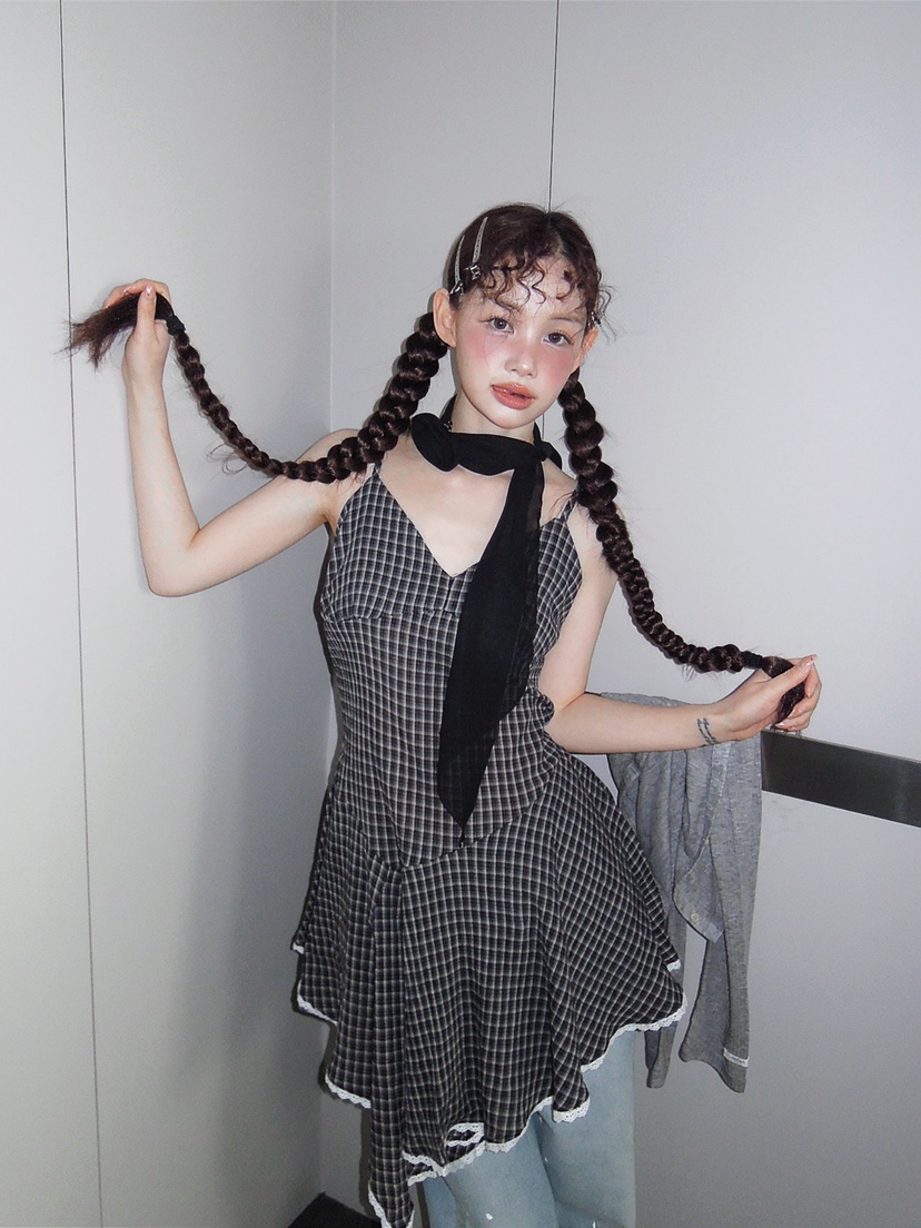 I MFACT東大門實拍女裝新款時尚連衣裙不含圍巾格子紗布I MFACT連衣裙