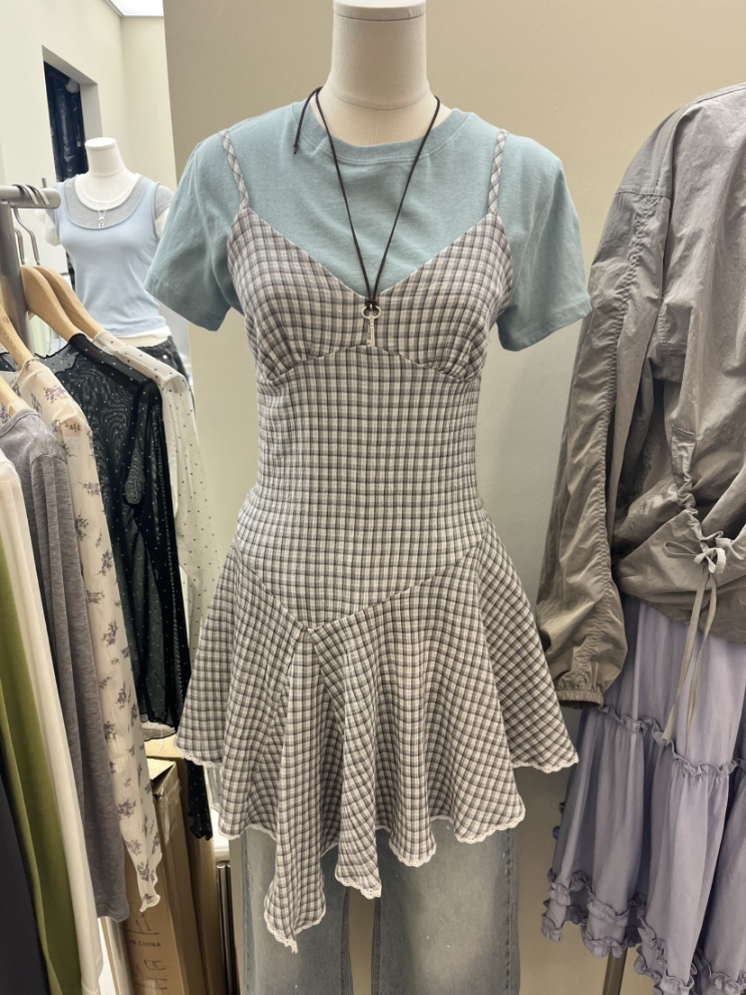 I MFACT東大門實拍女裝新款時尚連衣裙不含圍巾格子紗布I MFACT連衣裙圖色2