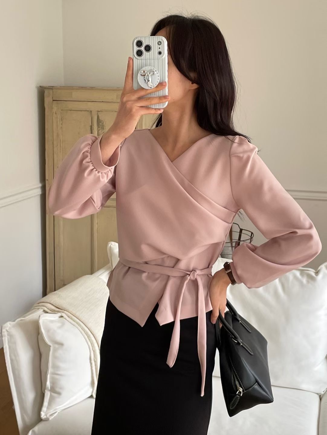 PLACE東大門代購女士新品時尚職業休閑真品襯衫蕾絲衫含腰繩PLACE襯衫/蕾絲衫