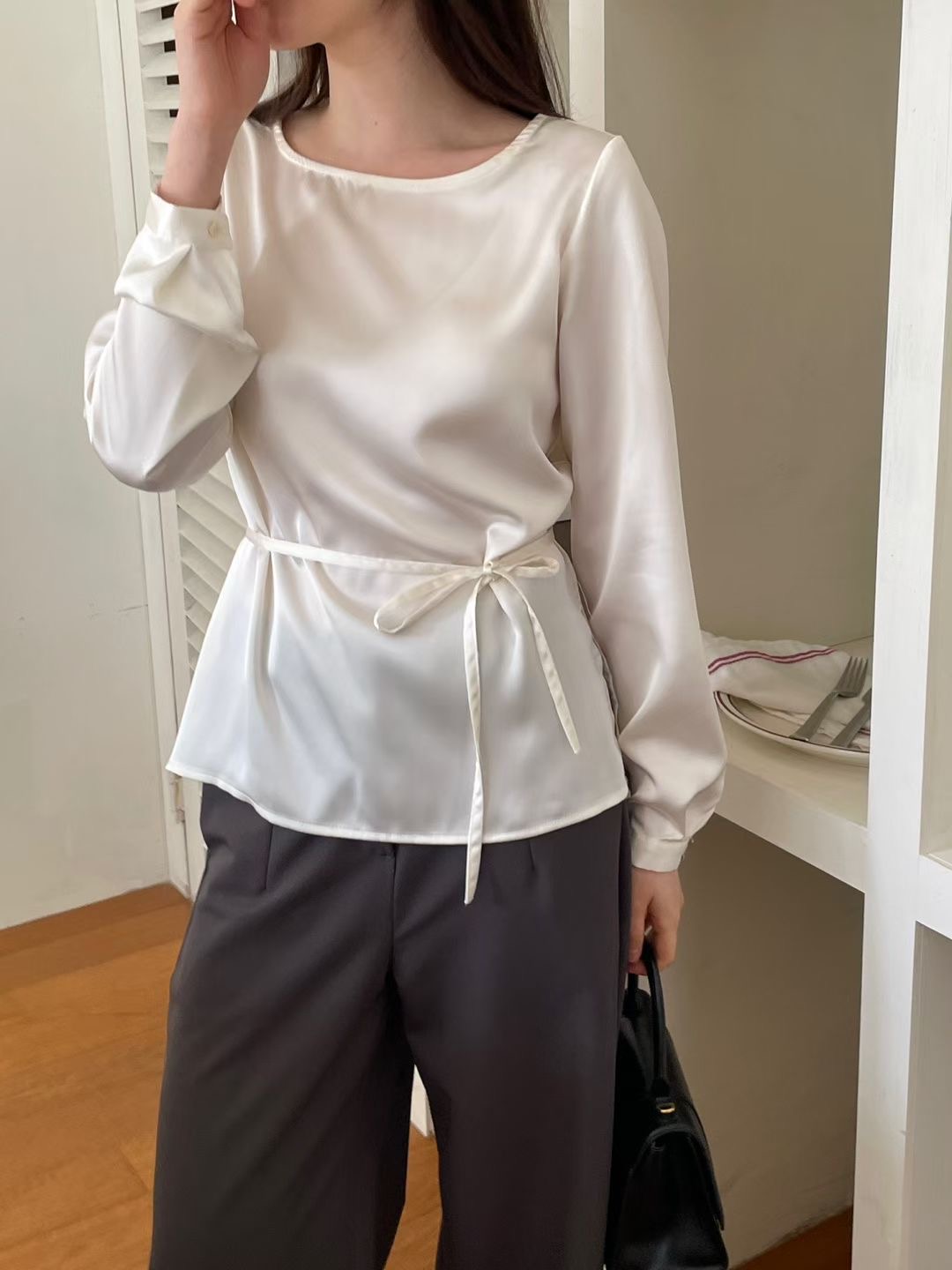 PLACE東大門實拍女士新品真品時尚人氣26春夏襯衫蕾絲衫含腰繩PLACE襯衫/蕾絲衫