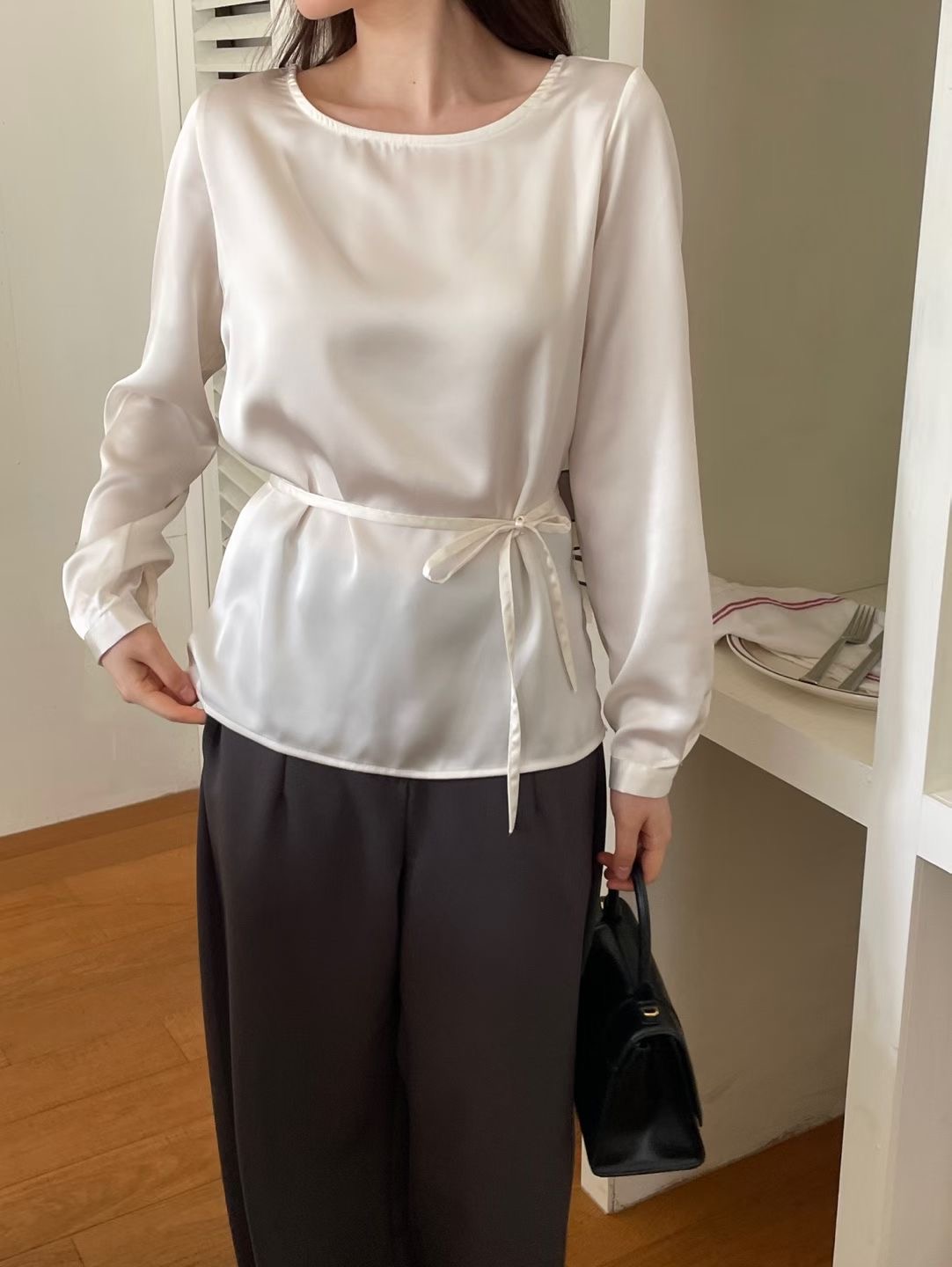 PLACE東大門實拍女士新品真品時尚人氣26春夏襯衫蕾絲衫含腰繩PLACE襯衫/蕾絲衫