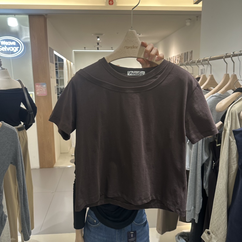 RENDER韓國直郵女裝新款推薦真品休閑時尚人氣T恤假兩件雙層RENDERT恤圖色3棕色