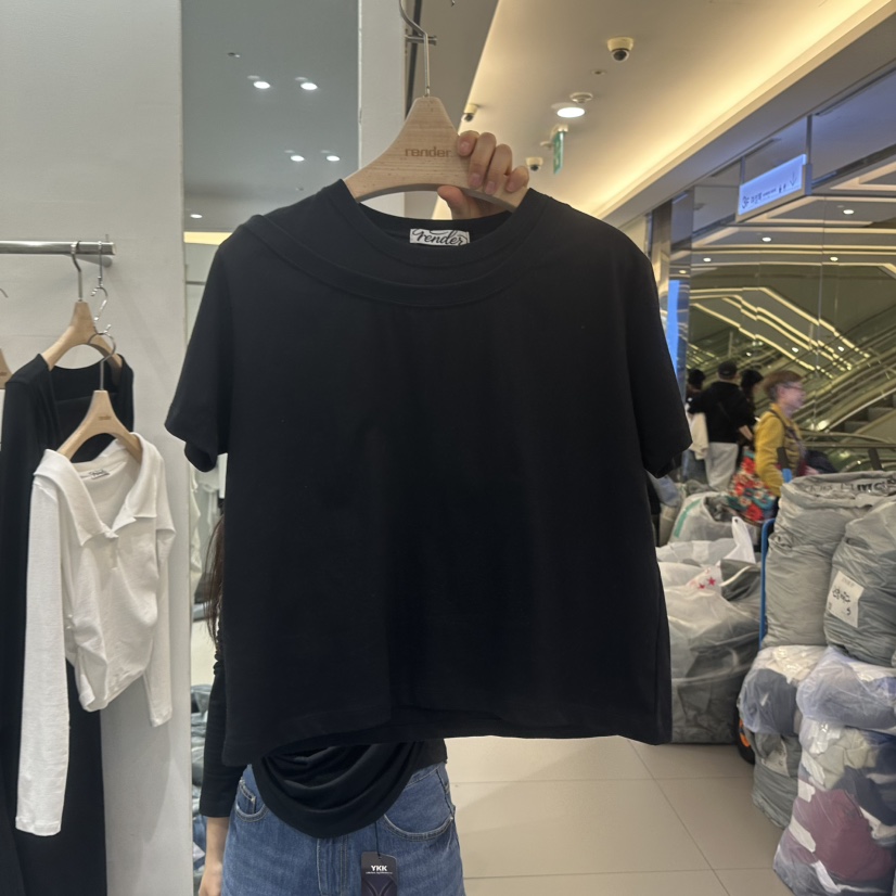 RENDER韓國直郵女裝新款推薦真品休閑時尚人氣T恤假兩件雙層RENDERT恤圖色4黑色