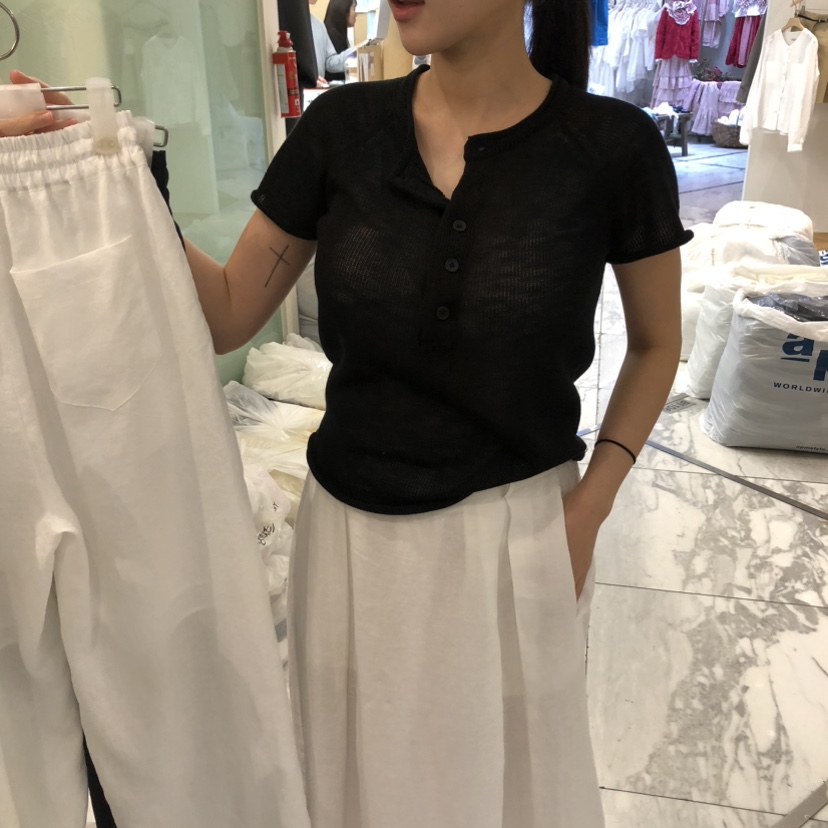 ALMOND韓國代購女裝新款職業休閑推薦人氣真品26春夏T恤紐扣ALMONDT恤圖色3