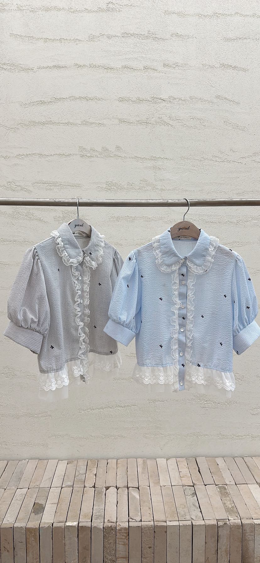 YARD韓國代購女裝新品26春夏推薦職業襯衫蕾絲衫刺繡條紋YARD襯衫/蕾絲衫