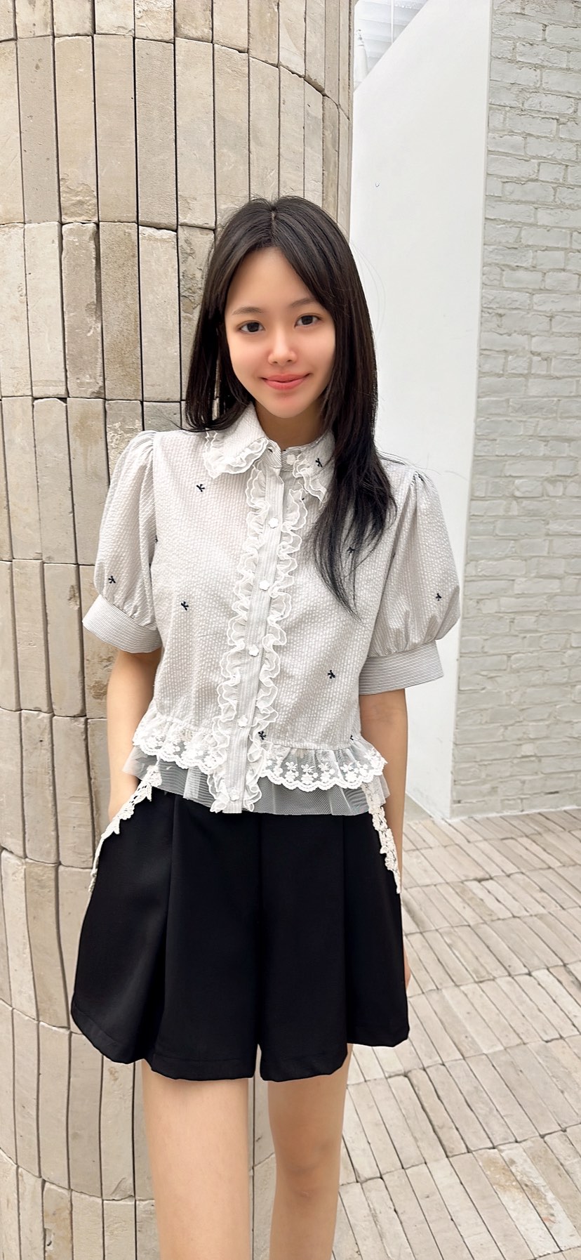 YARD韓國代購女裝新品26春夏推薦職業襯衫蕾絲衫刺繡條紋YARD襯衫/蕾絲衫