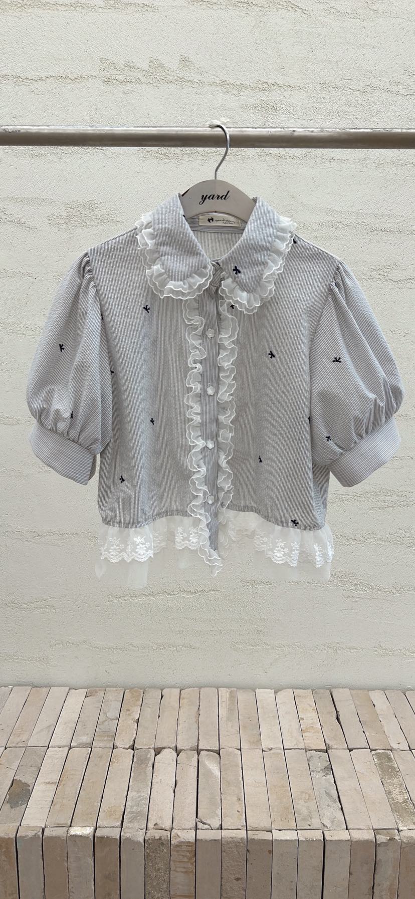 YARD韓國代購女裝新品26春夏推薦職業襯衫蕾絲衫刺繡條紋YARD襯衫/蕾絲衫圖色1