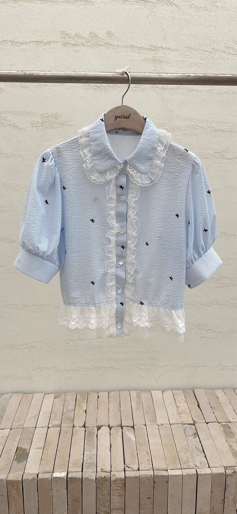 YARD韓國代購女裝新品26春夏推薦職業襯衫蕾絲衫刺繡條紋YARD襯衫/蕾絲衫圖色2