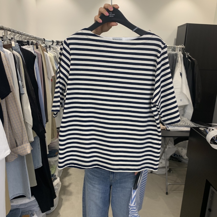 THE SECOND GROW韓國代購女士新品時尚休閑推薦T恤船領THE SECOND GROWT恤圖色2