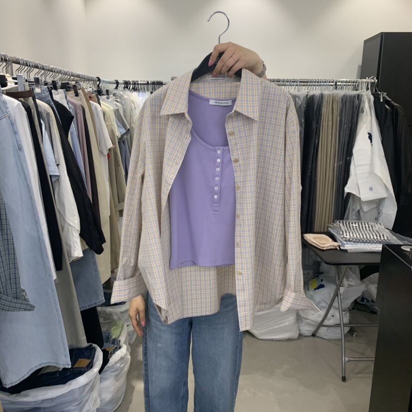 THE SECOND GROW韓國代購女士新款時尚襯衫蕾絲衫不含內搭格紋THE SECOND GROW襯衫/蕾絲衫圖色2