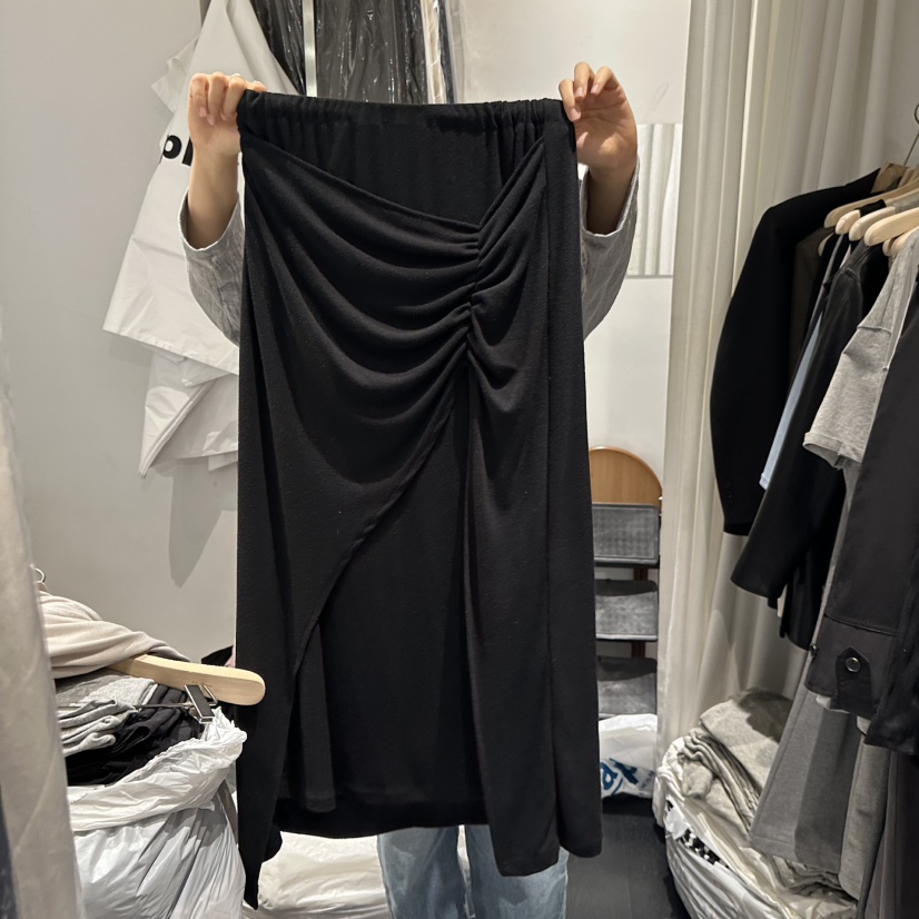 BOWIE韓國直郵女士新款休閑熱賣推薦職業人氣時尚長裙褶皺BOWIE長裙圖色2黑色