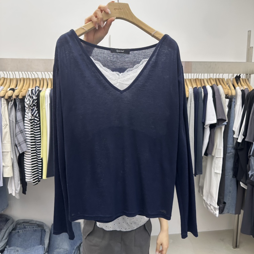 SPECIAL韓國東大門代購女裝新品休閑26春夏長袖T恤假兩件SPECIAL長袖T恤圖色2深藍色