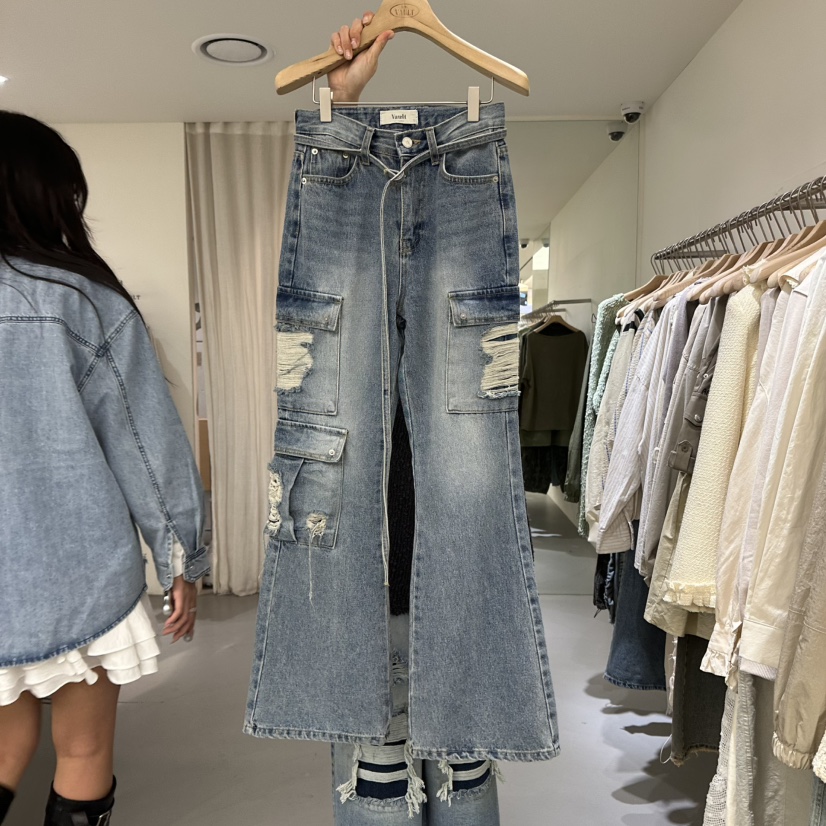 VAULT韓國代購女士新款26春夏職業休閑熱賣牛仔褲含腰帶工裝VAULT牛仔褲圖色1