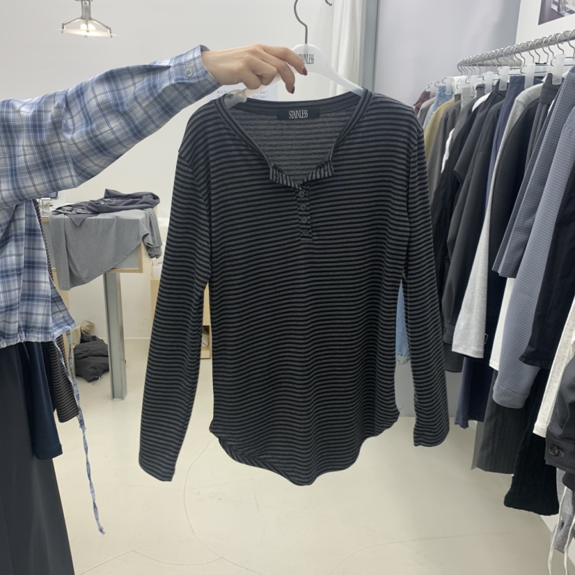 STAINLESS韓國直郵女裝新款時尚熱賣職業長袖T恤條紋紐扣STAINLESS長袖T恤圖色2