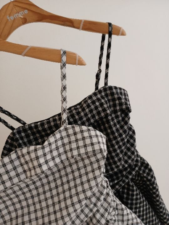 FEMME韓國代購女裝新品休閑時尚推薦26春夏吊帶背心格紋褶皺FEMME吊帶/背心