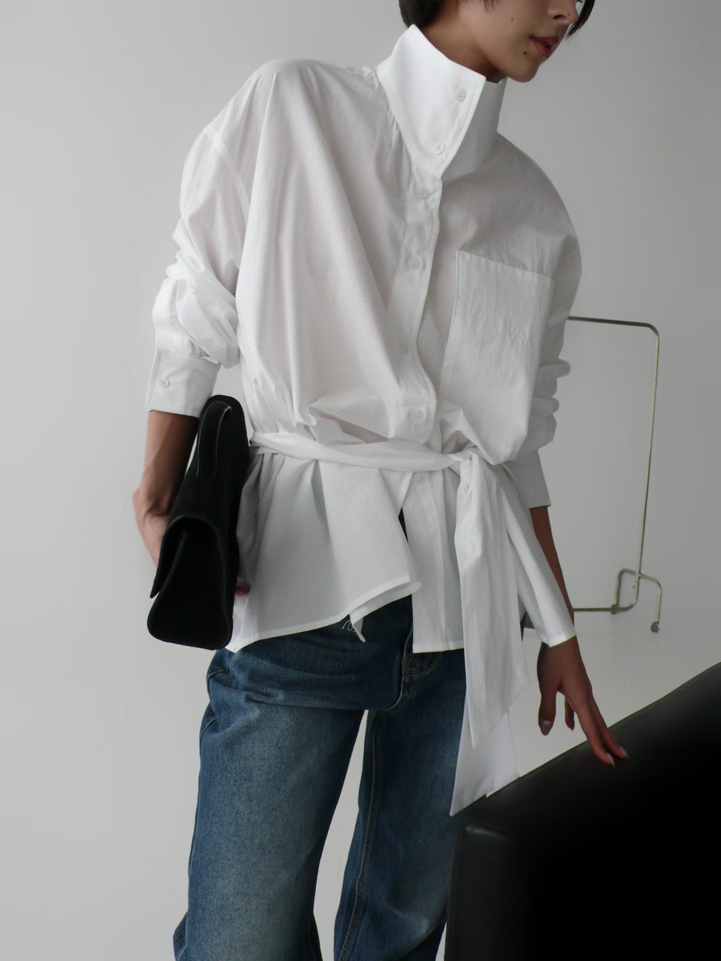 BUSTLING韓國東大門直郵女士新品時尚推薦襯衫蕾絲衫含腰繩BUSTLING襯衫/蕾絲衫圖色1