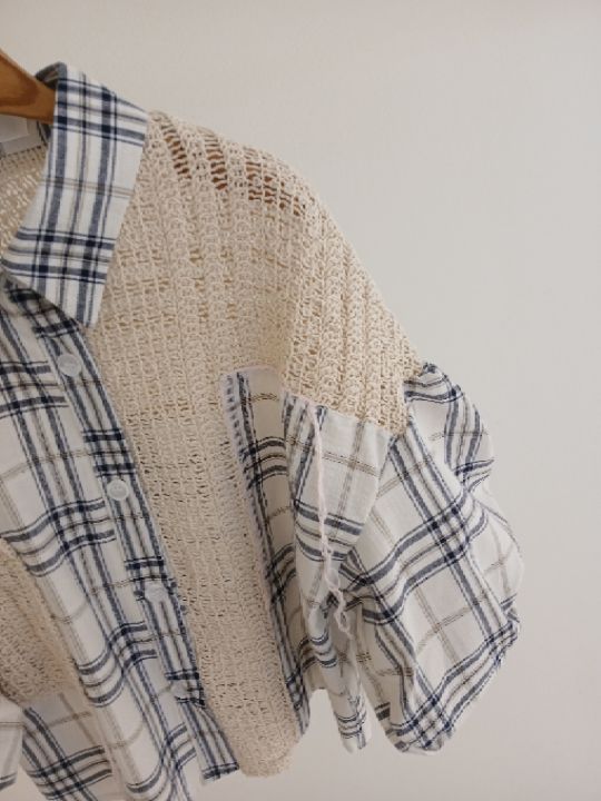 FEMME韓國代購女士新款職業時尚熱賣26春夏襯衫蕾絲衫格紋蕾絲FEMME襯衫/蕾絲衫