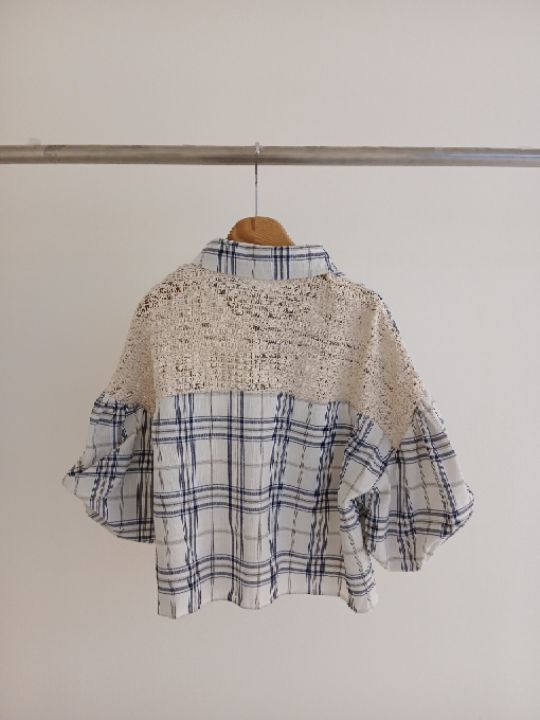 FEMME韓國代購女士新款職業時尚熱賣26春夏襯衫蕾絲衫格紋蕾絲FEMME襯衫/蕾絲衫