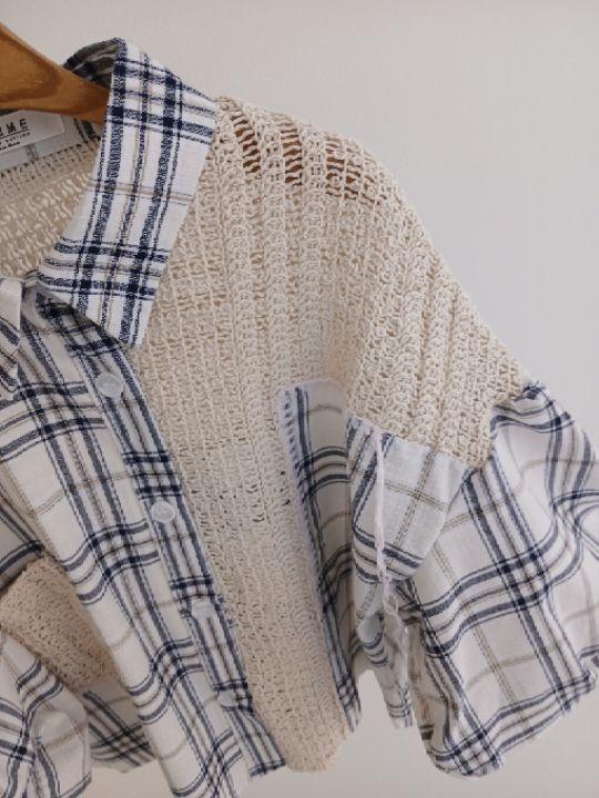 FEMME韓國代購女士新款職業時尚熱賣26春夏襯衫蕾絲衫格紋蕾絲FEMME襯衫/蕾絲衫