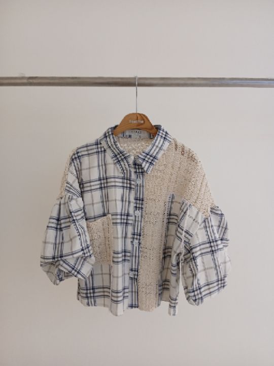 FEMME韓國代購女士新款職業時尚熱賣26春夏襯衫蕾絲衫格紋蕾絲FEMME襯衫/蕾絲衫圖色1