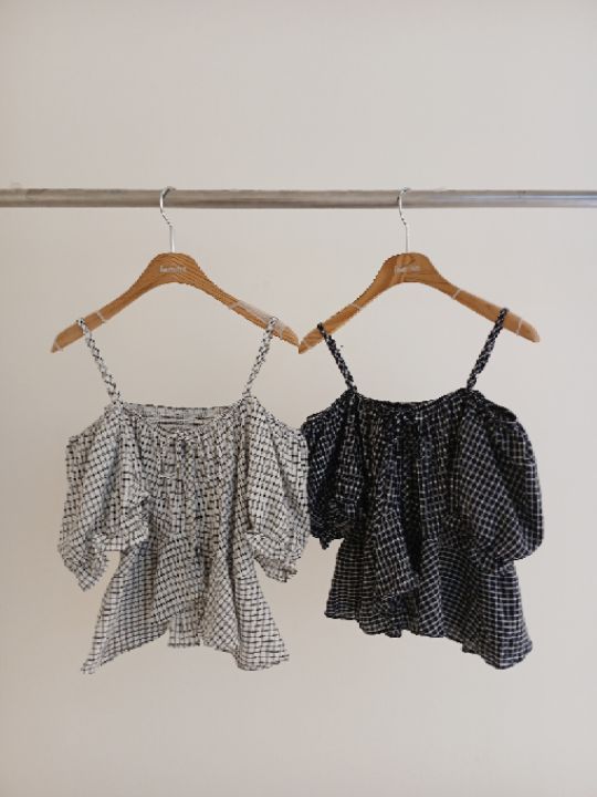 FEMME韓國代購女裝新品休閑職業人氣26春夏吊帶背心格子露肩FEMME吊帶/背心