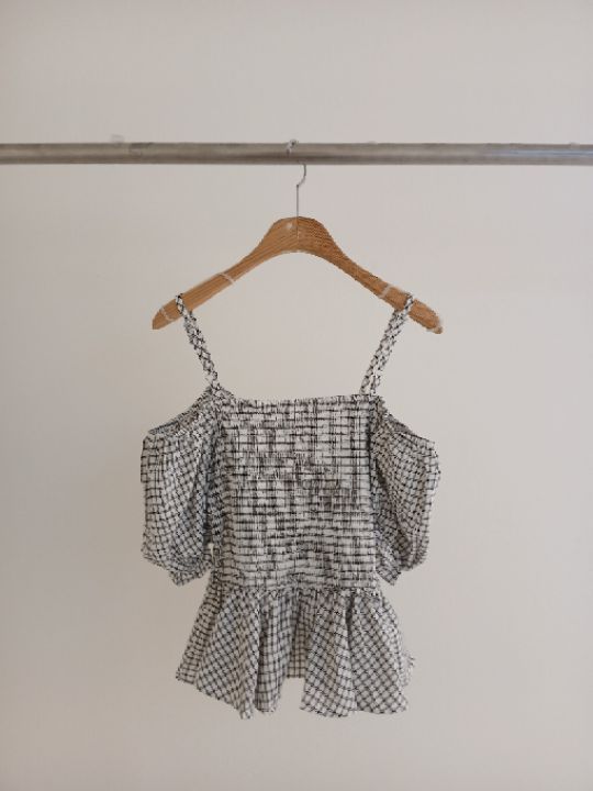 FEMME韓國代購女裝新品休閑職業人氣26春夏吊帶背心格子露肩FEMME吊帶/背心