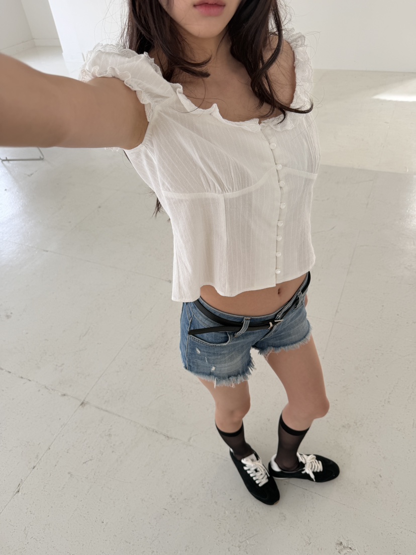 MARKE-P韓國代購女裝新款26春夏休閑熱賣襯衫蕾絲衫泡泡袖MARKE-P襯衫/蕾絲衫