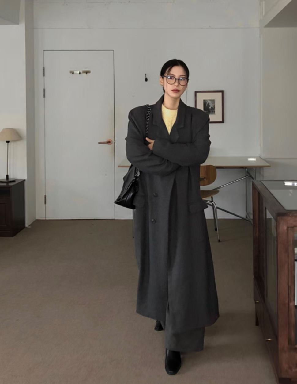 BUSTLING韓國直郵實拍女裝新品職業推薦中長款大衣羊毛雙層BUSTLING中長款大衣