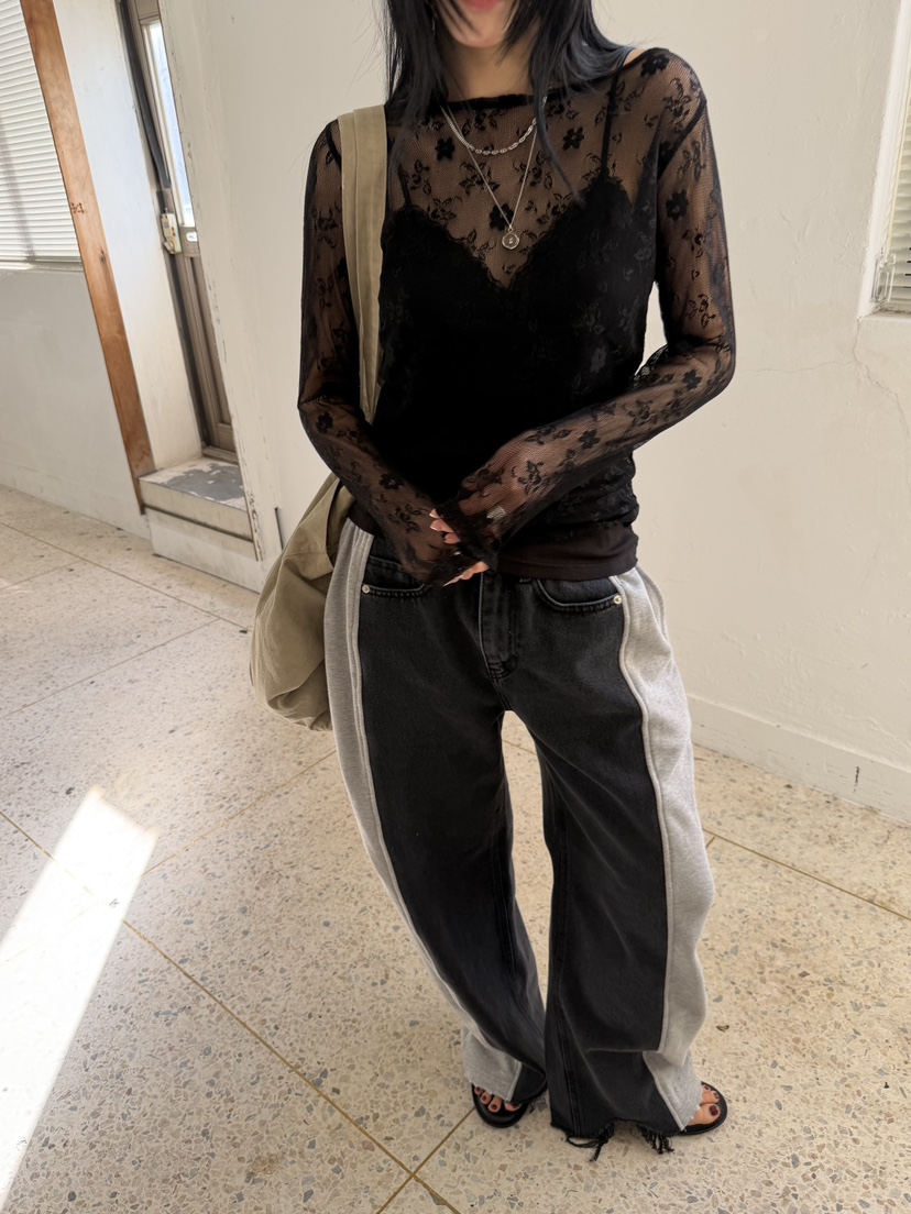 SUNDER MARKET韓國東大門直郵女士新款休閑人氣長袖T恤蕾絲SUNDER MARKET長袖T恤