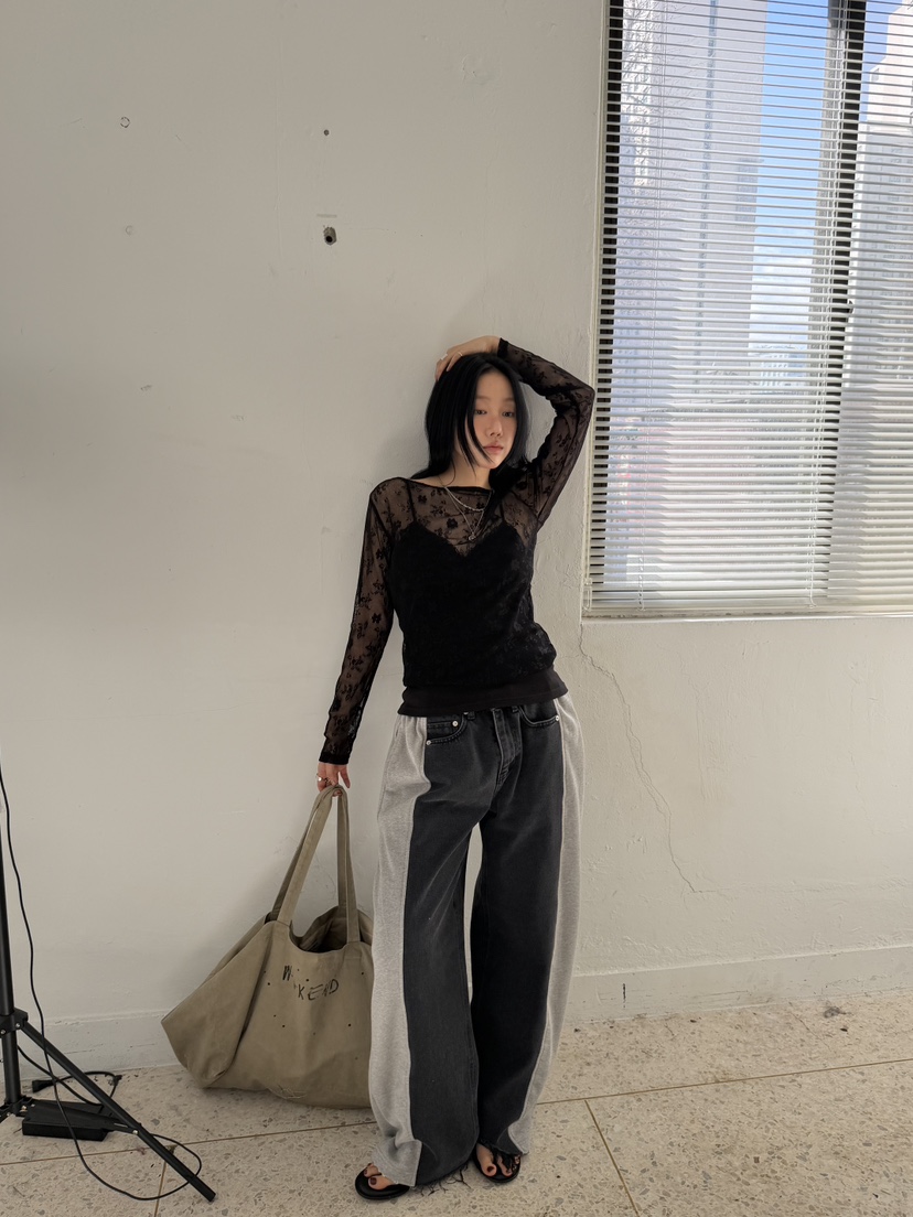 SUNDER MARKET韓國東大門直郵女士新款休閑人氣長袖T恤蕾絲SUNDER MARKET長袖T恤