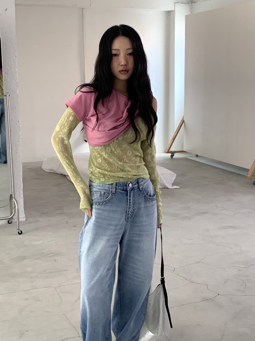 SUNDER MARKET韓國東大門直郵女士新款休閑人氣長袖T恤蕾絲SUNDER MARKET長袖T恤