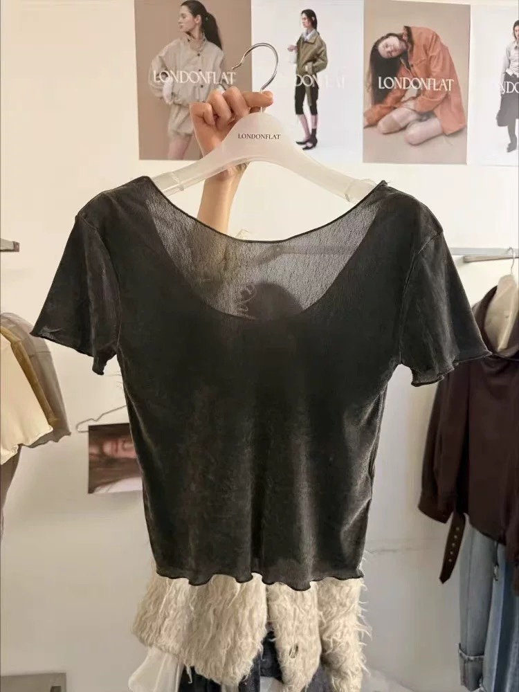 LONDON FLAT韓國東大門直郵女裝新品職業時尚推薦T恤天鵝絨LONDON FLATT恤圖色2