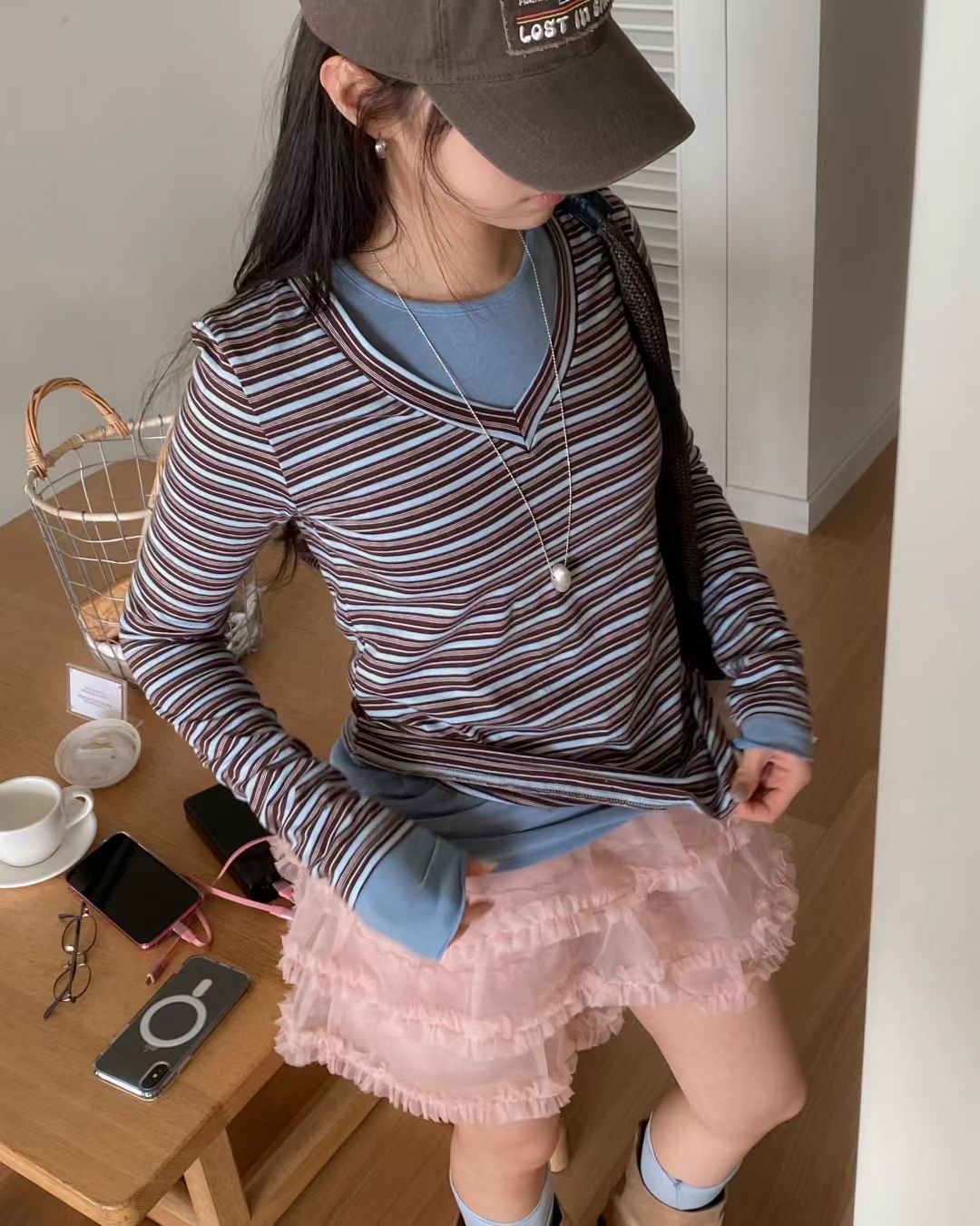 ANAG韓國代購女裝新品推薦真品26春夏休閑長袖T恤V領羅紋anag/OPENING TITLE長袖T恤