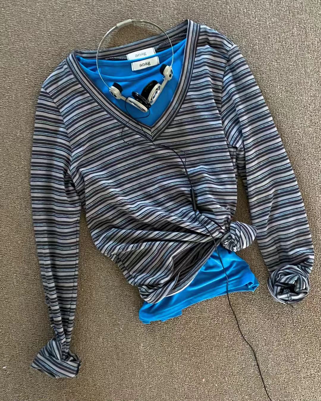 ANAG韓國代購女裝新品推薦真品26春夏休閑長袖T恤V領羅紋anag/OPENING TITLE長袖T恤