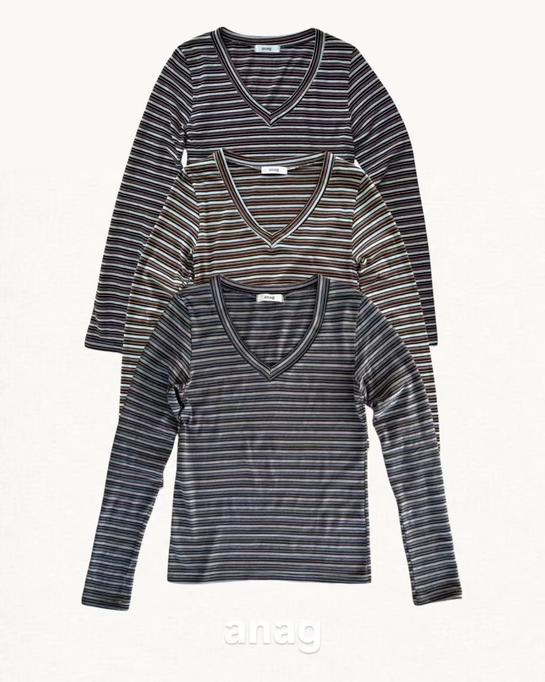 ANAG韓國代購女裝新品推薦真品26春夏休閑長袖T恤V領羅紋anag/OPENING TITLE長袖T恤圖色1上一色