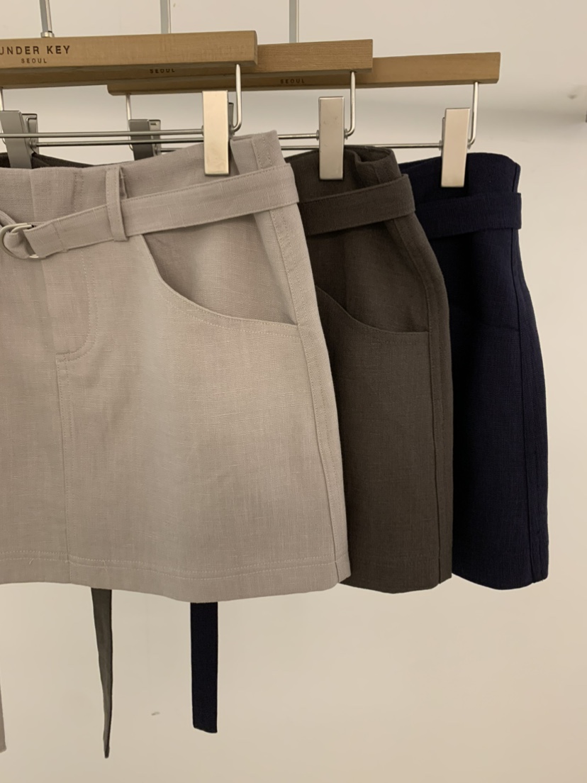 UNDER KEY韓國東大門直郵女裝新款時尚短裙含腰帶亞麻布UNDER KEY短裙