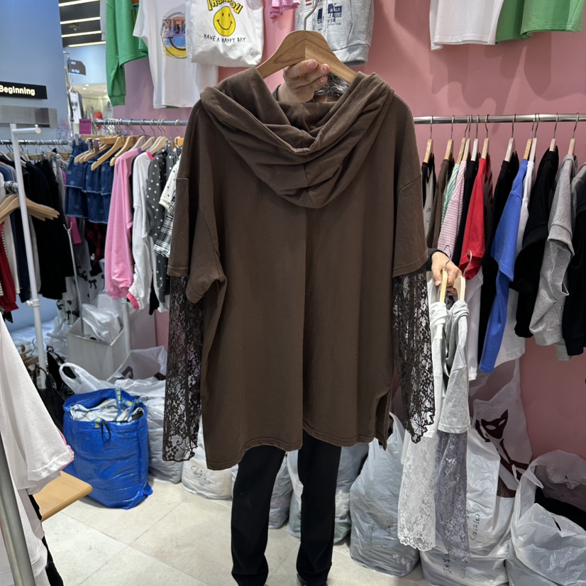 K STORY東大門實拍女裝新品真品推薦人氣長袖T恤假兩件兜帽K STORY長袖T恤