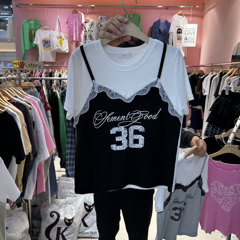 K STORY東大門實拍女士新款人氣休閑職業熱賣T恤假兩件蕾絲K STORYT恤圖色3