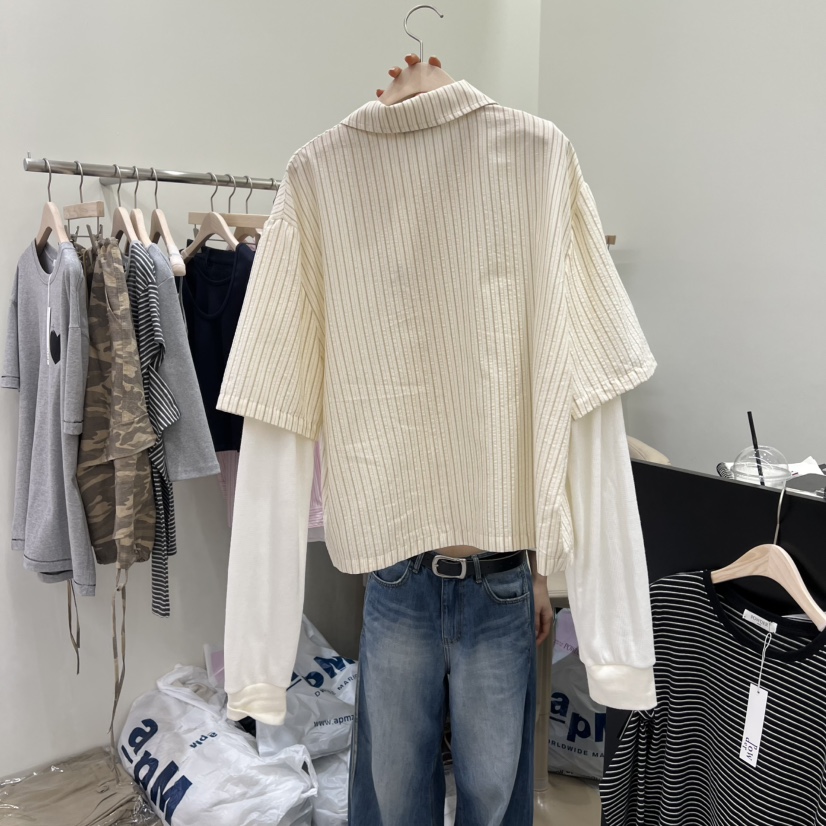 POWDER韓國直郵女士新款真品熱賣時尚人氣襯衫蕾絲衫華夫格POWDER襯衫/蕾絲衫