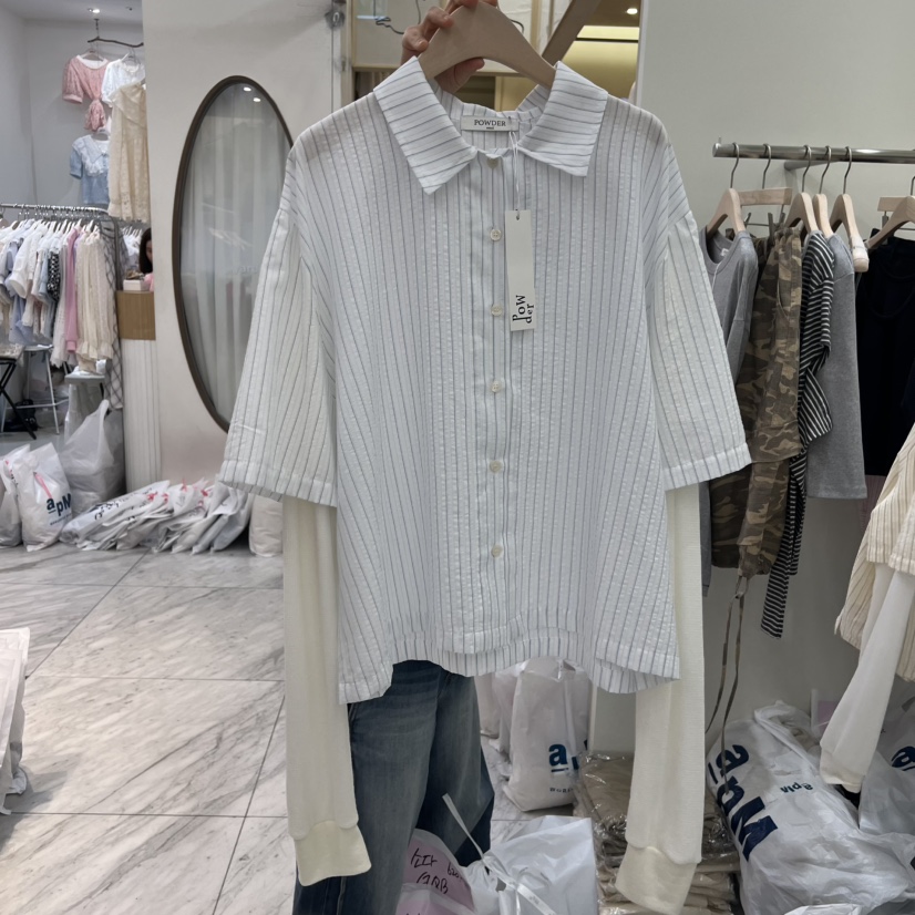 POWDER韓國直郵女士新款真品熱賣時尚人氣襯衫蕾絲衫華夫格POWDER襯衫/蕾絲衫圖色2