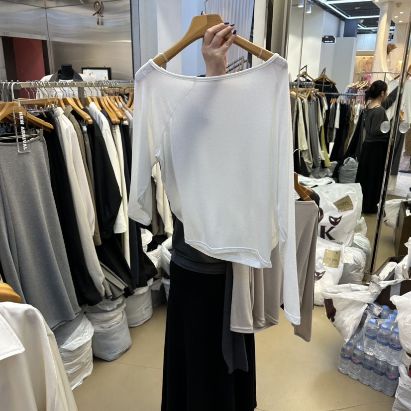 SANS東大門實拍女士新款人氣熱賣職業休閑長袖T恤不對稱露肩SANS長袖T恤