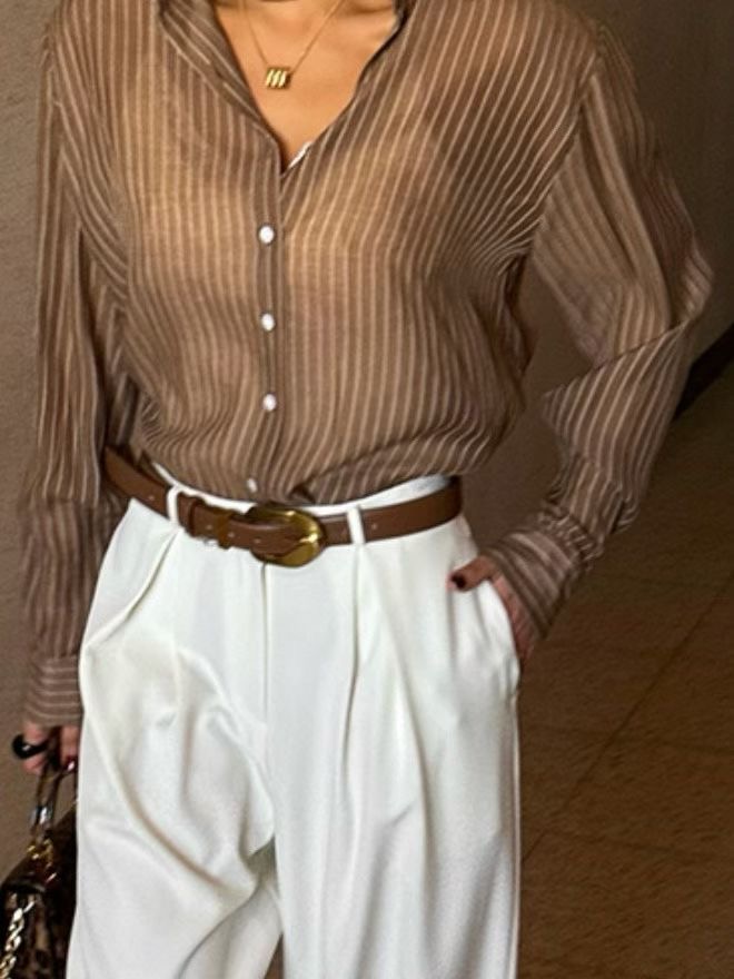 BARBARA GIRL韓國東大門直郵女士新款26春夏襯衫蕾絲衫天絲條紋BARBARA GIRL襯衫/蕾絲衫