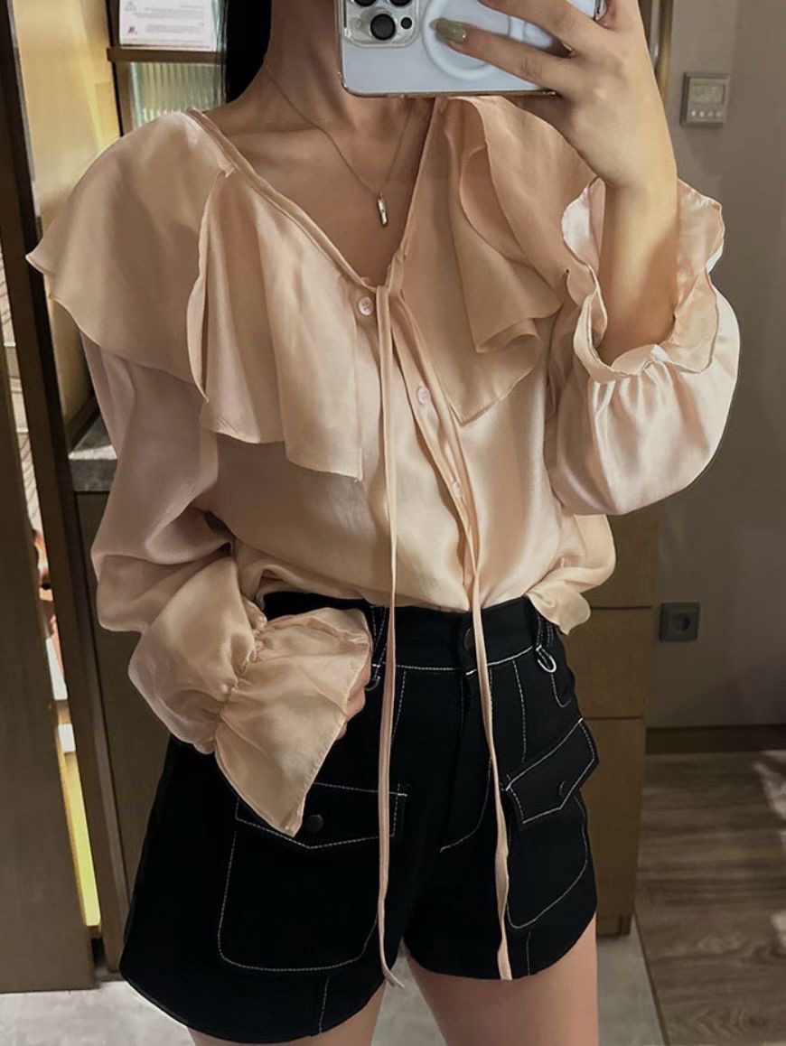 BARBARA GIRL韓國代購女士新款時尚襯衫蕾絲衫荷葉邊天絲BARBARA GIRL襯衫/蕾絲衫