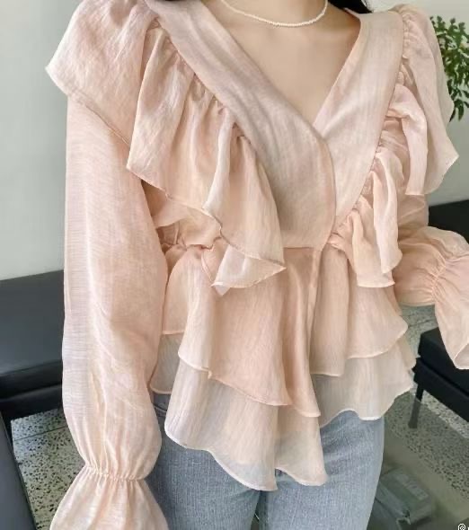 BARBARA GIRL韓國東大門直郵女士新品時尚襯衫蕾絲衫荷葉邊透視BARBARA GIRL襯衫/蕾絲衫