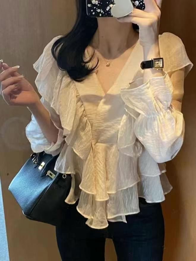 BARBARA GIRL韓國東大門直郵女士新品時尚襯衫蕾絲衫荷葉邊透視BARBARA GIRL襯衫/蕾絲衫