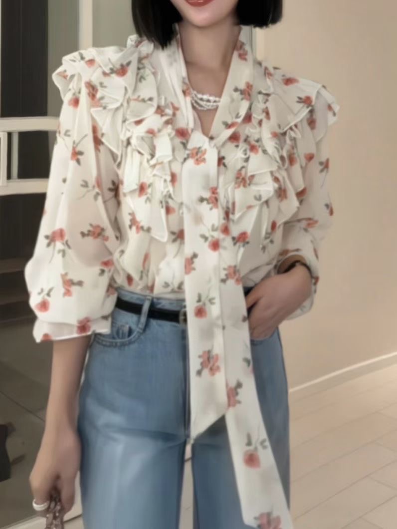 BARBARA GIRL韓國東大門直郵女裝新款26春夏襯衫蕾絲衫荷葉邊雙層BARBARA GIRL襯衫/蕾絲衫