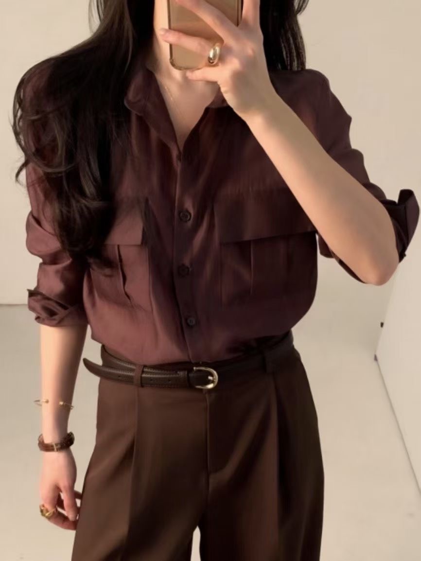 BARBARA GIRL韓國直郵實拍女裝新款時尚襯衫蕾絲衫口袋天絲BARBARA GIRL襯衫/蕾絲衫