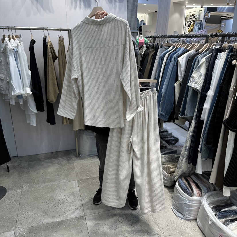 BLOOM韓國東大門代購女裝新品熱賣套裝兩件套套裝亞麻條紋BLOOM-Q套裝